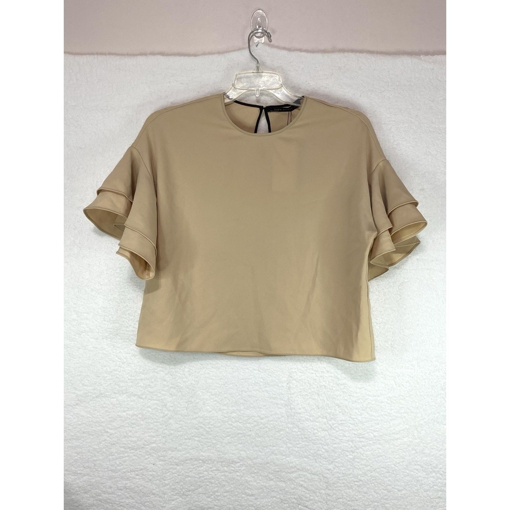 Zara Woman Beige Ruffle Tiered Short Sleeve Blouse Top Tan New NWT Size M